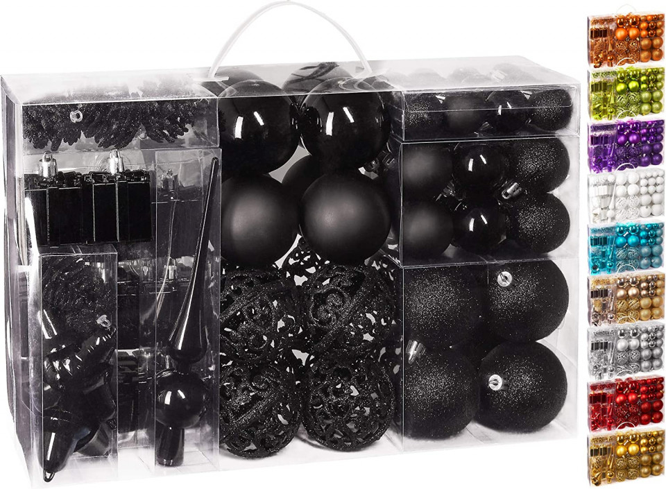 Set de 101 globuri pentru Craciun Brubaker, negru, plastic, 3,5 – 5,5 cm