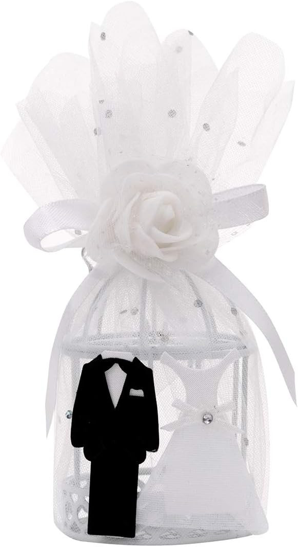 Set de 12 cutii decorative pentru nunta QILICZ, metal/organza, alb/negru, 6 x 15 cm