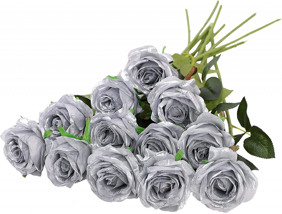 Set de 12 trandafiri artificiali Hawesome, matase/plastic, argintiu/verde, 52 x 7 cm