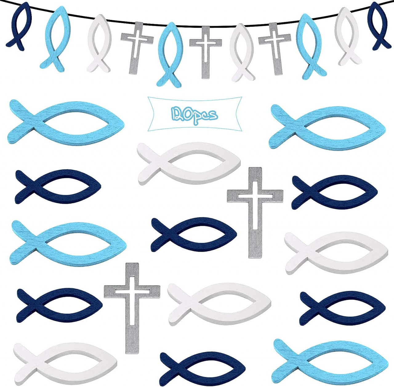 Set de 120 decoratiuni pesti pentru botez LIVESTN, lemn, albastru/alb/argintiu, 3,5 - 5,2 cm