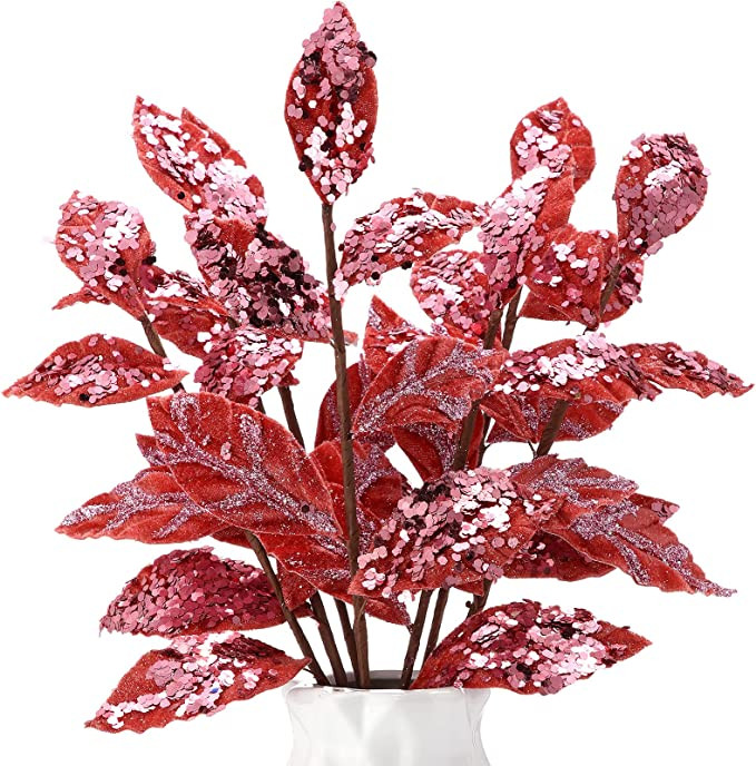 Set de 15 crengute cu frunze decorative Geosar, metal/matase, rosu/rose, 34 x 10 cm Artificiale imagine noua
