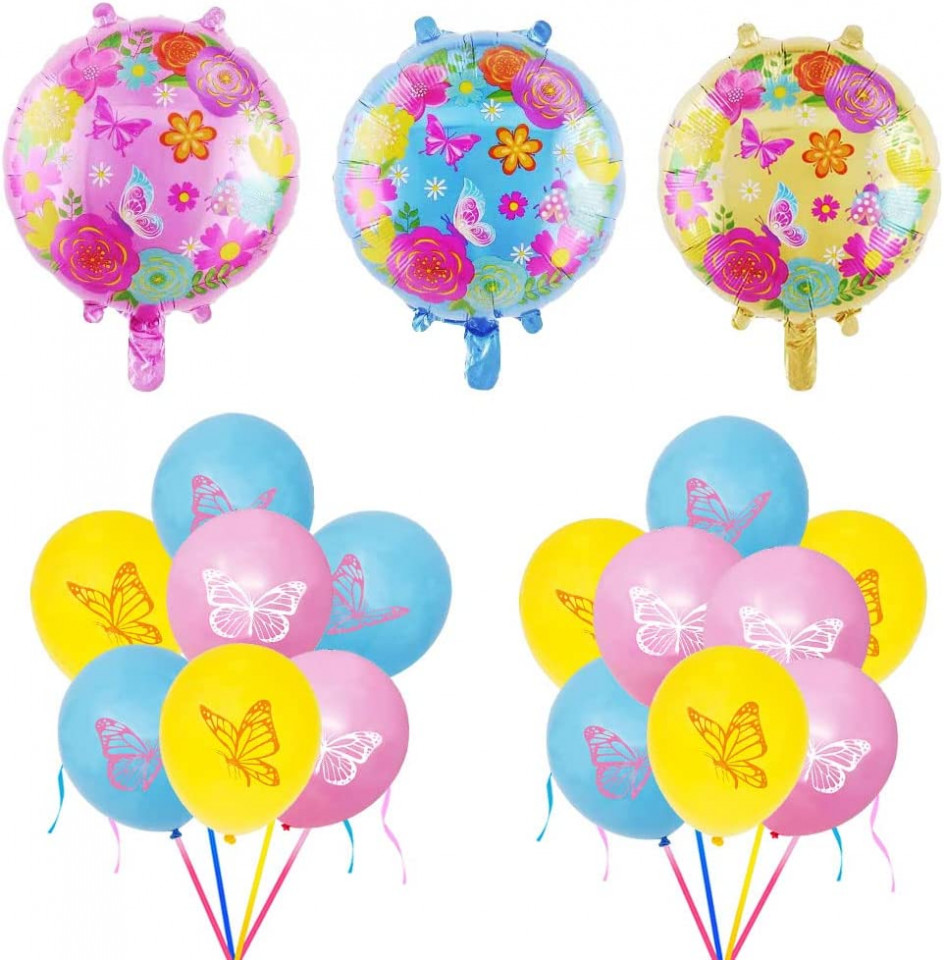 Set de 18 baloane cu fluturi Ungfu, latex/folie, multicolor, 97 x 47 cm/ 30 cm