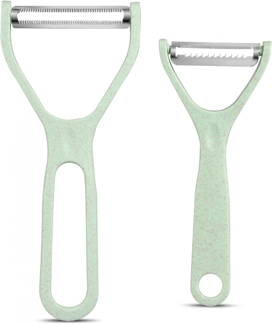Set de 2 decojitoare universale de legume BYbrutek, plastic/otel inoxidabil, verde/argintiu