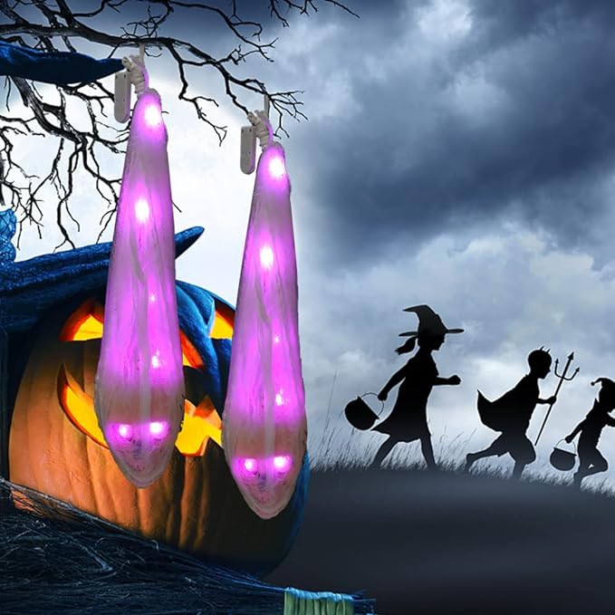 Set de 2 decoratuni fantoma Gobesty, de Halloween, plastic, alb/mov, 9 x 10 x 45 cm