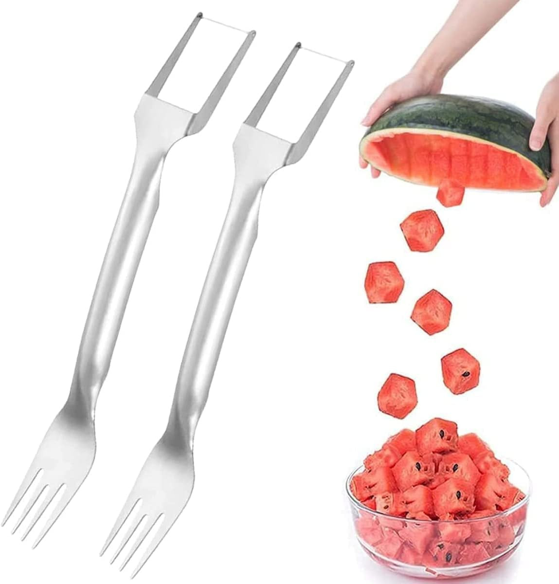 Set de 2 furculite cu taietor pentru pepene Jesshiny, otel inoxidabil, argintiu
