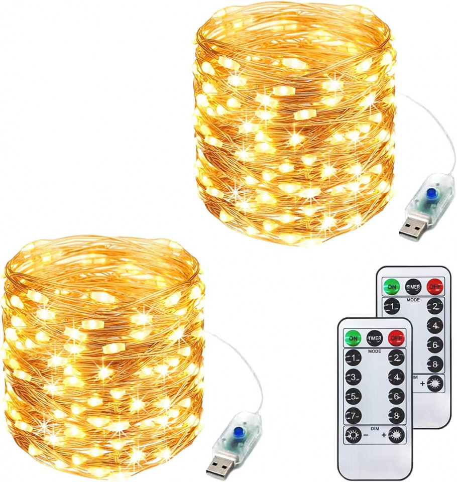 Set de 2 instalatii cu 200 de LED-uri ITICdecor, plastic, alb cald, USB, 8 moduri iluminare, 20 m