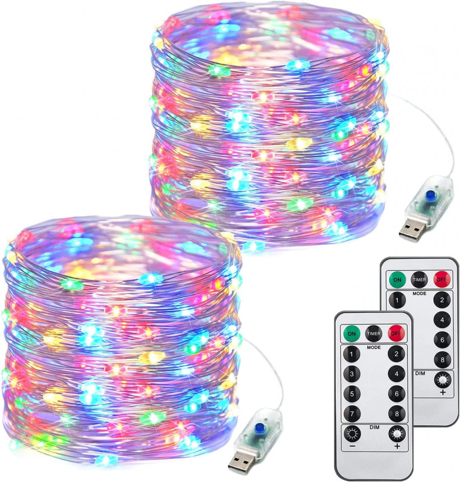 Set de 2 instalatii cu 200 de LED-uri ITICdecor, plastic, multicolor, USB, 8 moduri iluminare, 20 m