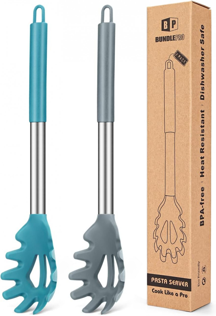 Set de 2 linguri pentru spaghete BUNDLEPRO, silicon/otel inoxidabil, gri/albastru, 33.5 x 6.1 cm