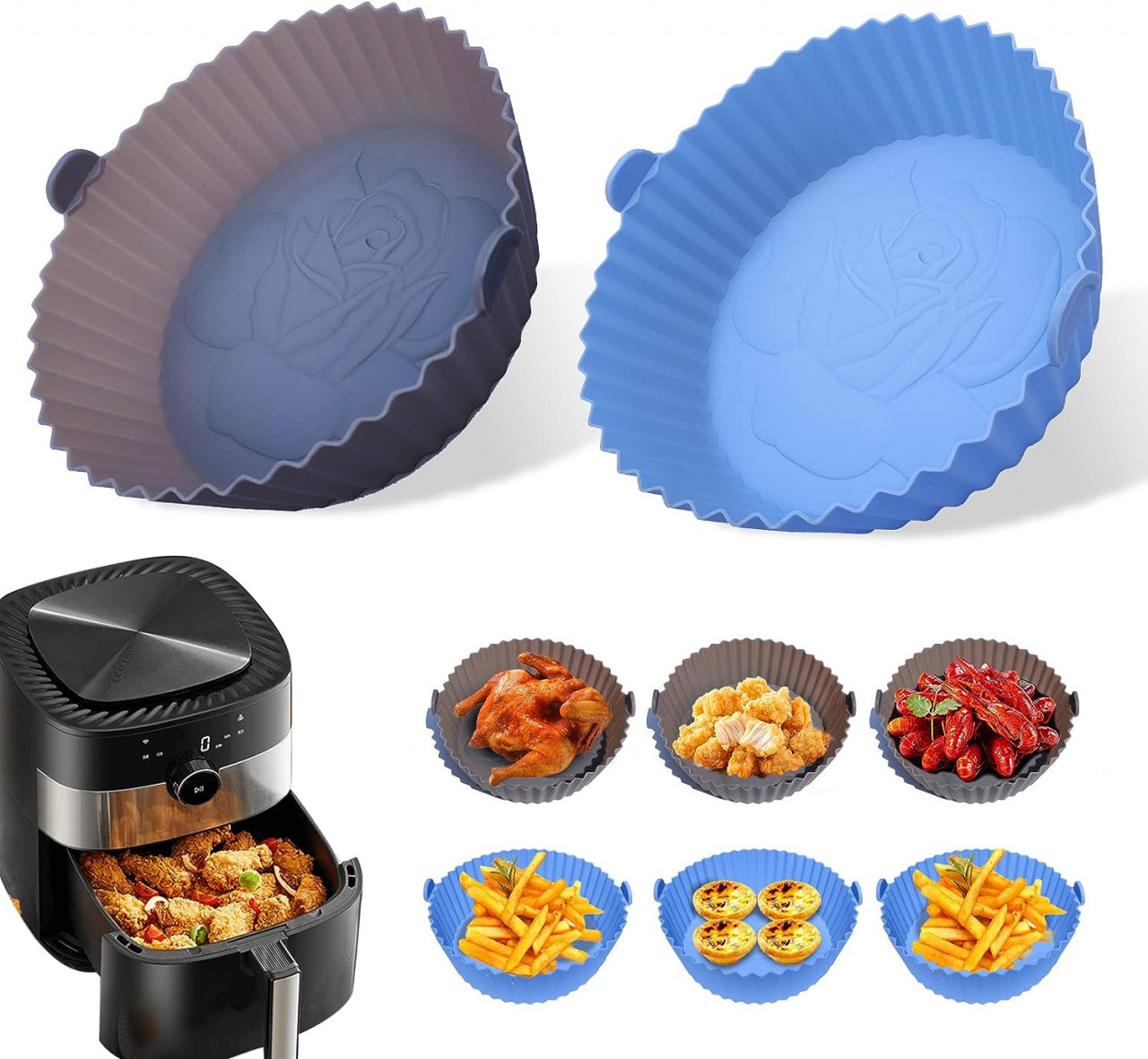 Set de 2 vase pentru friteuza cu aer Juingio, silicon, gri/albastru, 16.5 x 6.7 x 20.7 cm