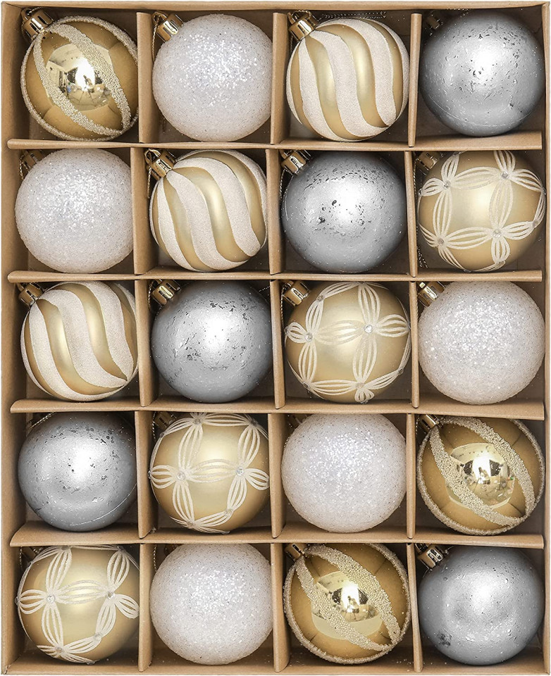 Poze Set de 20 globuri de Craciun Valery Madelyn, auriu/argintiu/alb, plastic, 60 mm