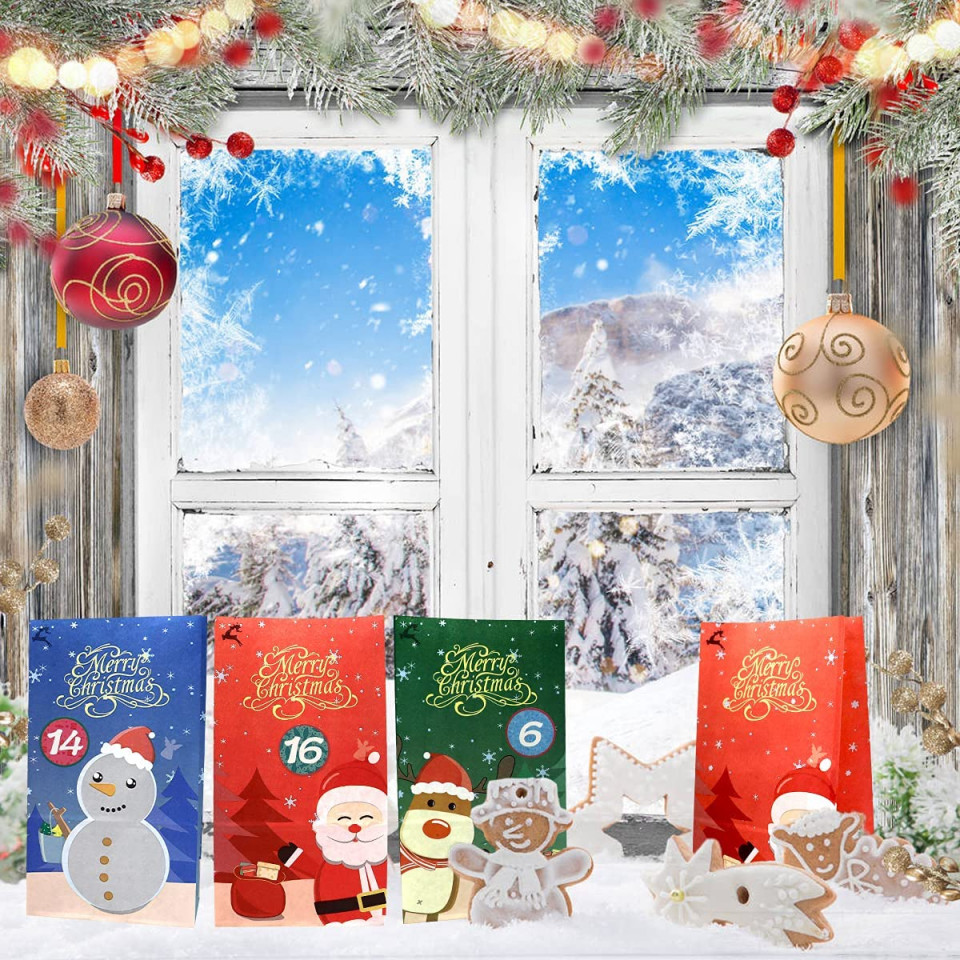 Poze Set de 24 pungi cu autocolante si clips pentru calendar de Advent WEYON, hartie/lemn/textil, multicolor, 15 x 9 x 27 cm