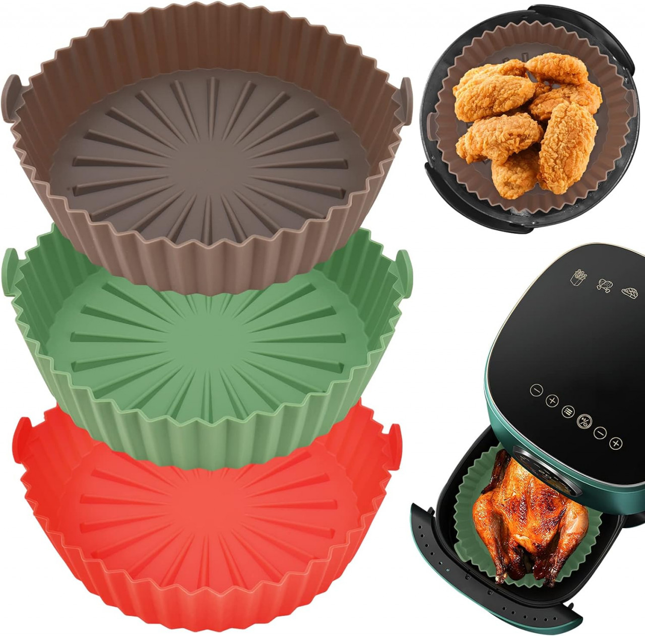 Set de 3 cosuri pentru friteuza cu aer Augot, silicon, rosu/verde/maro, 24 x 6,5 cm