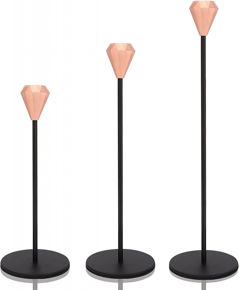 Set de 3 suporturi de lumanari Zootop, metal, negru/rose, 32cm/ 27 cm / 23 cm