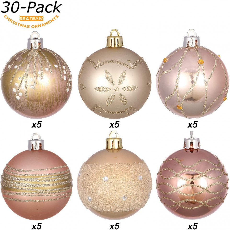 Poze Set de 30 globuri de Craciun Sea Team, plastic, rose/sampanie, 6 cm