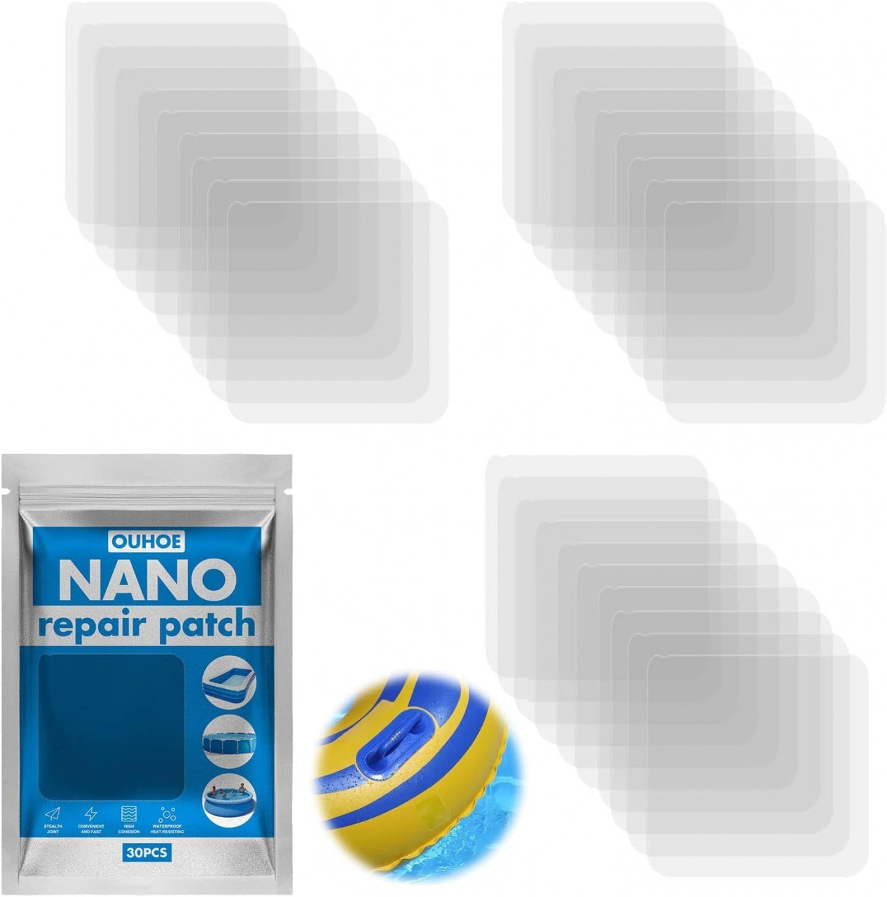 Set de 30 patch-uri pentru repararea piscinei YeahBoom, PVC, transparent, 5,8 x 5,8 cm