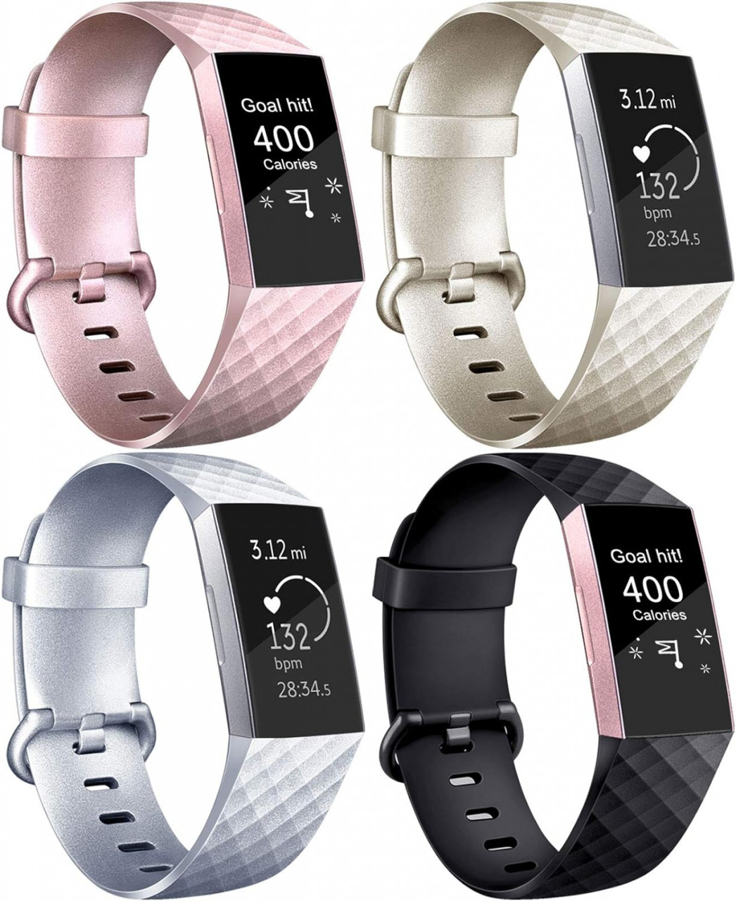 Set de 4 bratari de inlocuire pentru Fitbit Charge 3 AK, TPU, negru/auriu/argintiu/aur roz, 140 - 180 mm