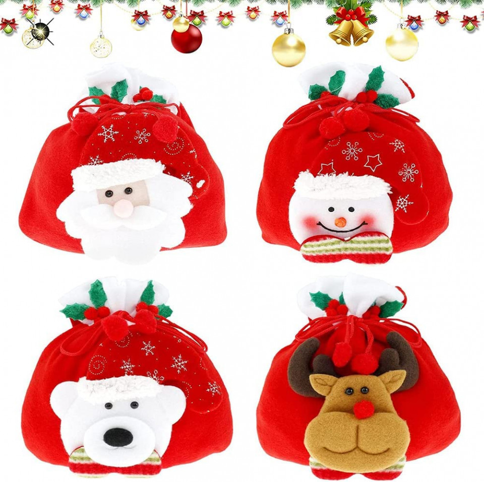 Set de 4 pungi cadou de Craciun Nesloonp, flanel, multicolor, 23 x 35 cm