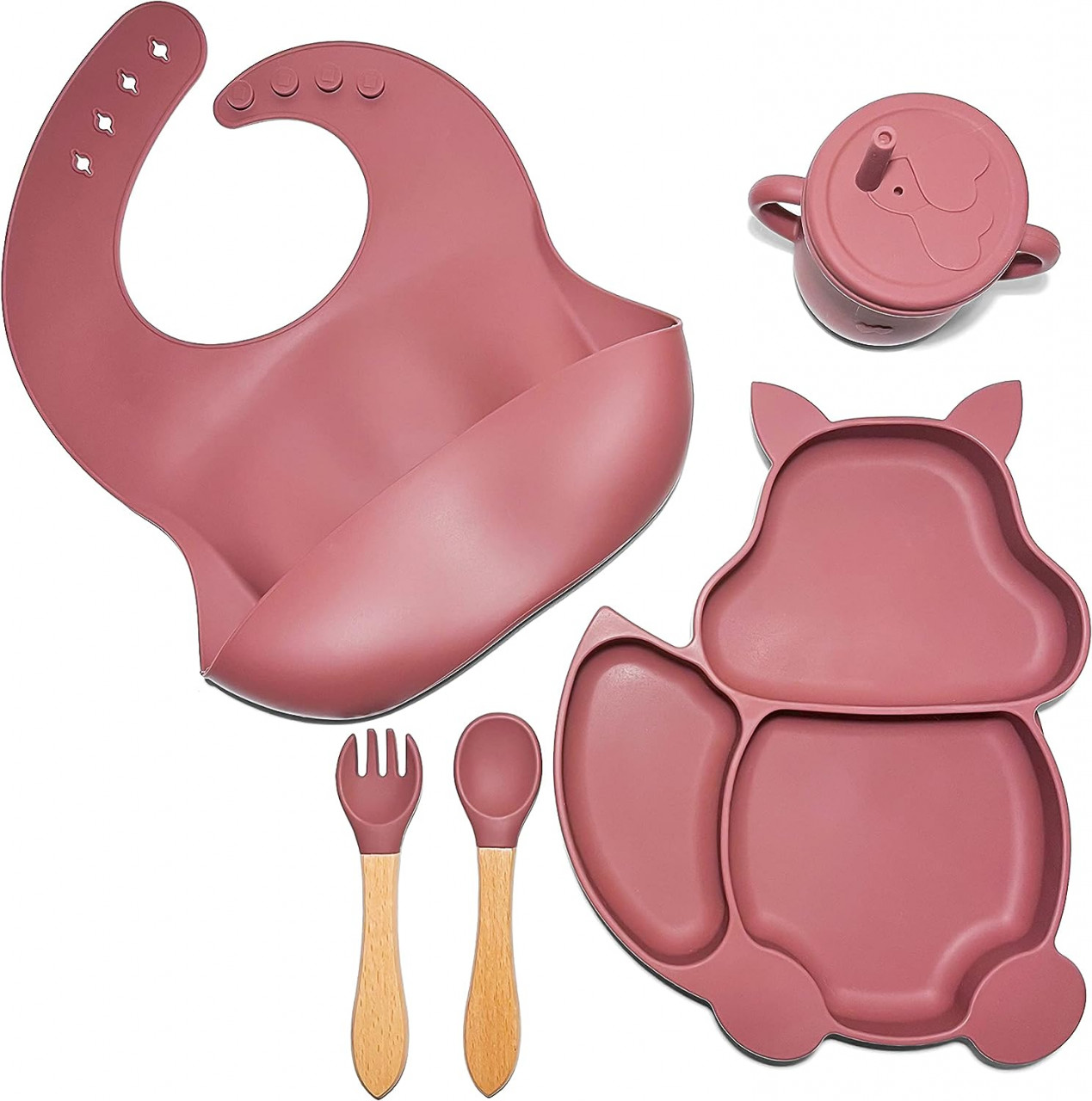 Set de 5 piese pentru hranirea bebelusului Orangu-gu, silicon/lemn, magenta