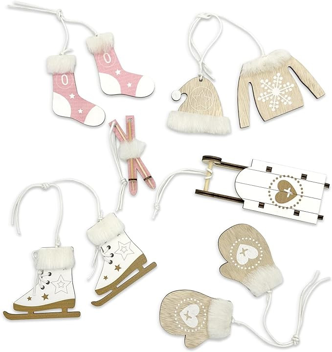 Set de 6 decoratiuni pentru brad Apragaz, lemn, natural/roz/alb