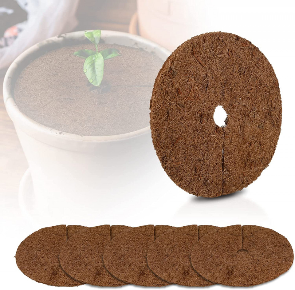 Set de 6 discuri de protectie pentru ghivecile de plante DBREAKS, nuca de cocos, natur, 30cm 30cm