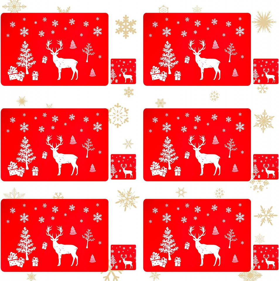 Set de 6 naproane si 6 coastere pentru Craciun Pwsap, rosu, 43 x 28 cm / 10 x 10 cm