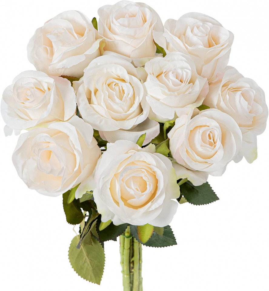 Set de 6 trandafiri artificiali Hawesome, matase/plastic, crem, 54 cm