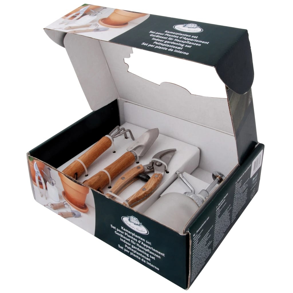 Set de accesorii pentru gradinarit Klara by Esschert Design, 4 piese, inox/lemn/plastic, natur/argintiu