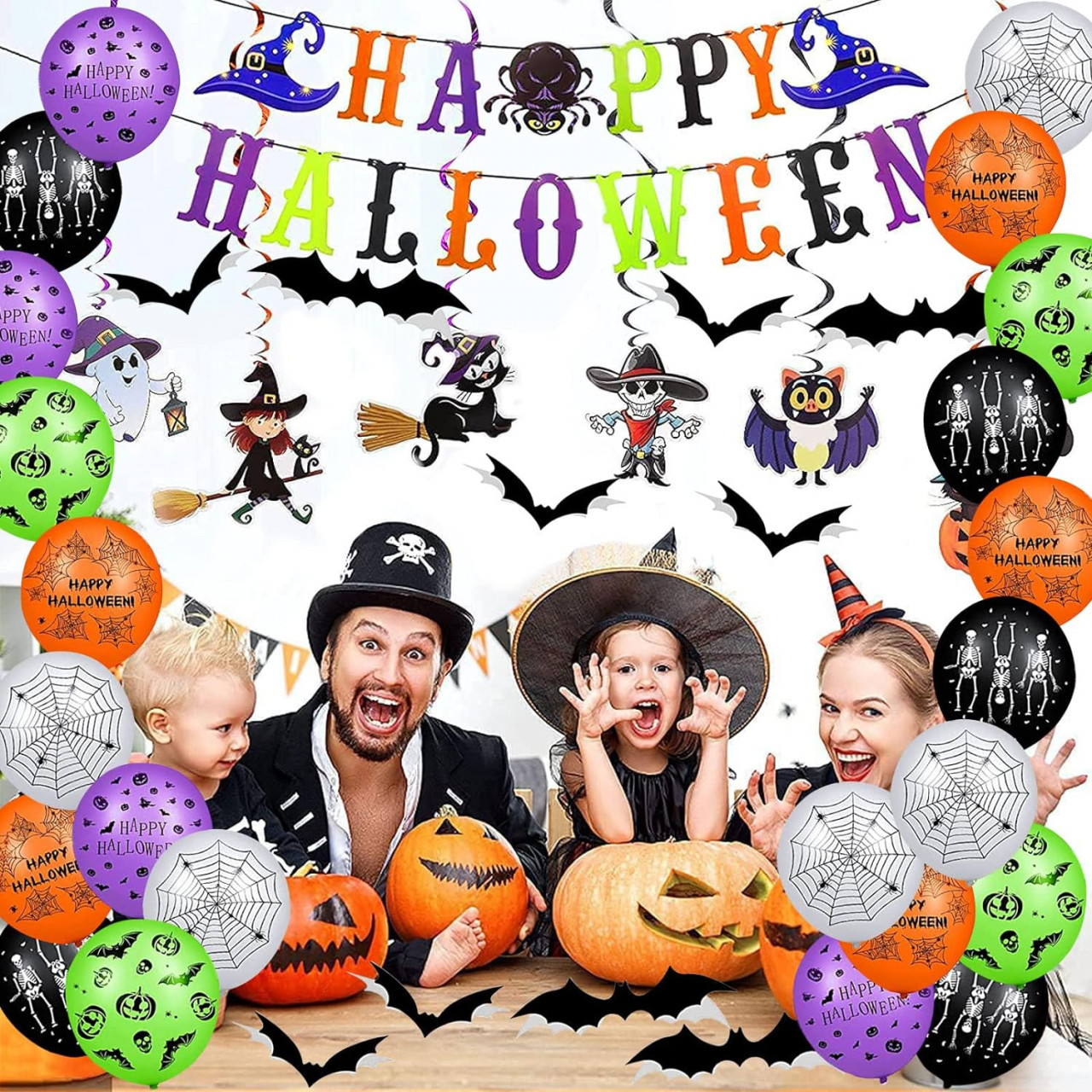 Set de accesorii pentru petrecere de Halloween Kimimara, hartie/latex, multicolor, 45 piese
