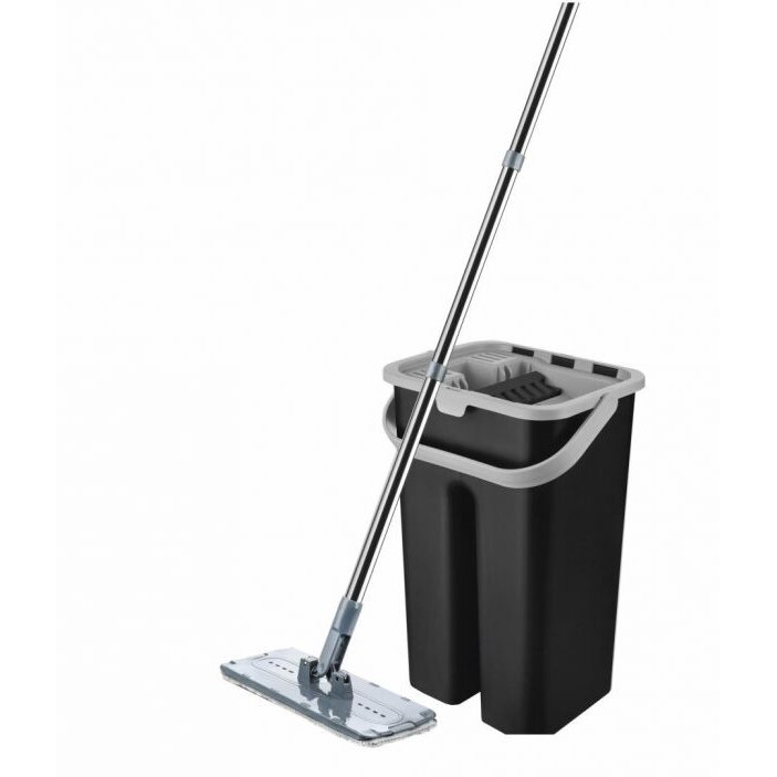 Set de curatenie Vanora Home Master Clean, mop plat cu stoarcere automata, 2 piese, plastic/ inox, negru/gri