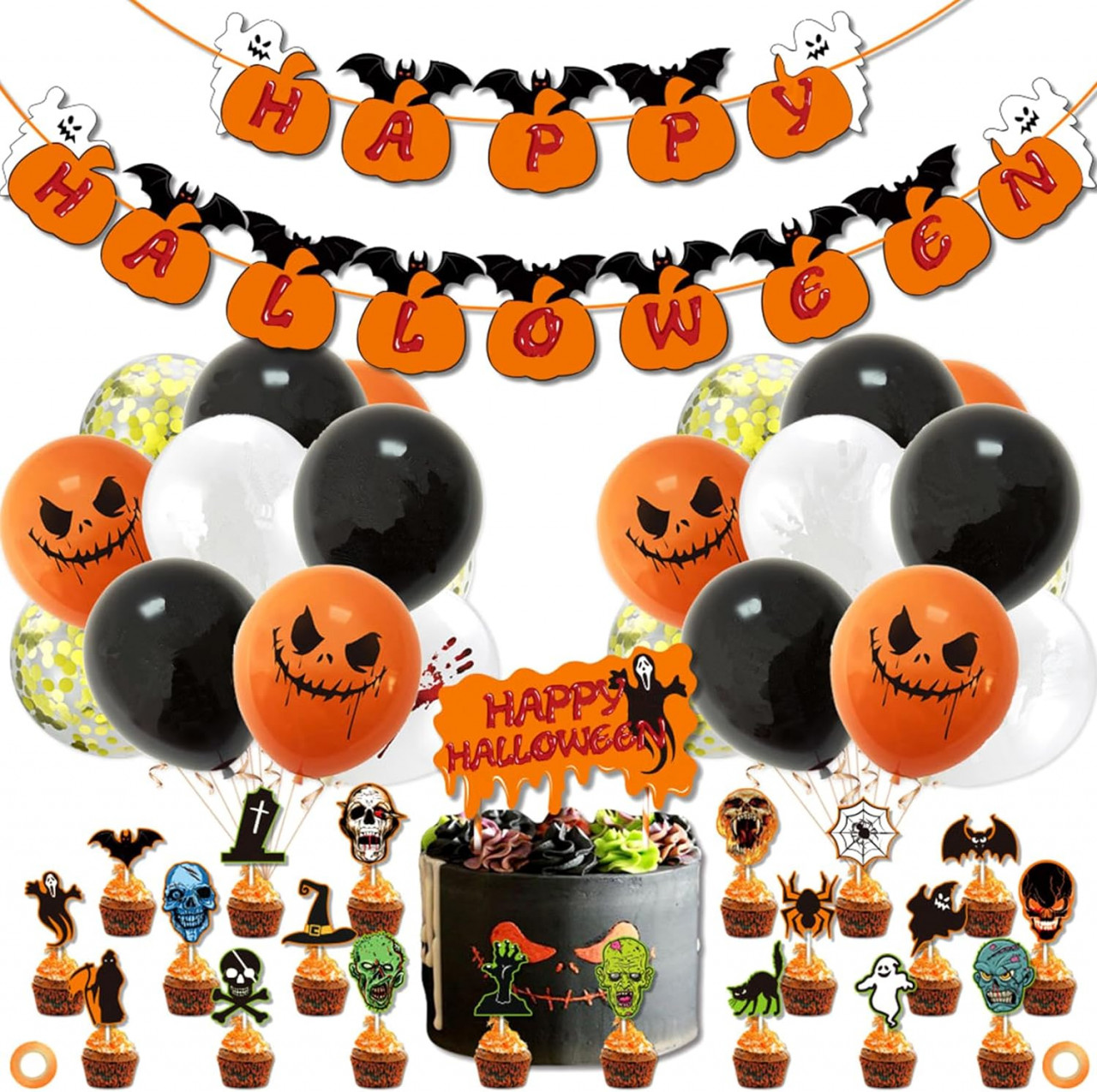 Set de decoratiuni pentru Halloween Atuful, latex/hartie, multicolor, 48 piese