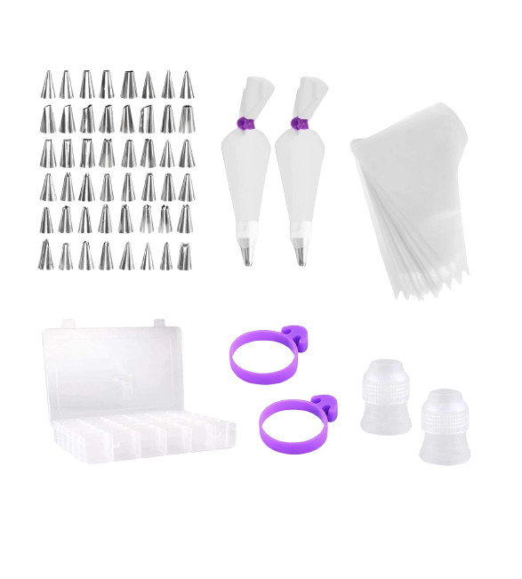 Set de duze si accesorii pentru decorare prajituri Hakacc, metal/silicon, argintiu/alb, 84 piese, 21 x 13 x 3,6 cm