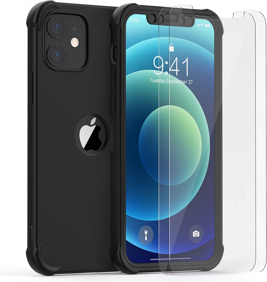 Set de husa cu doua folii de protectie ecran pentru iPhone 12 Pro Oretech, sticla securizata/cauciuc siliconic, negru/transparent, 6,1 inchi