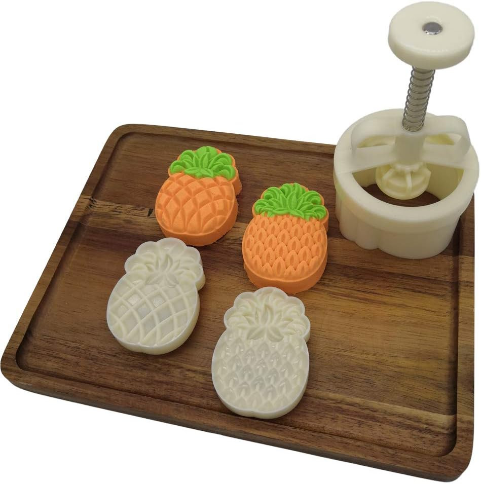 Set de presa si 2 matrite pentru prajituri Ylskmu, model ananas, plastic, alb, 125 g