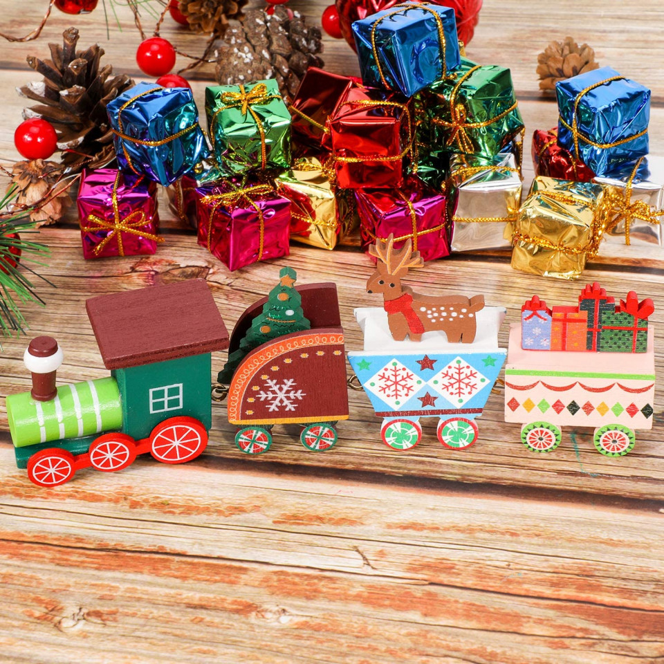 Poze Set de tren de Craciun si 24 cutii decorative Qpout, multicolor, lemn/spuma/folie,18,5 cm /2.5 x 2.5 x 2.5 cm