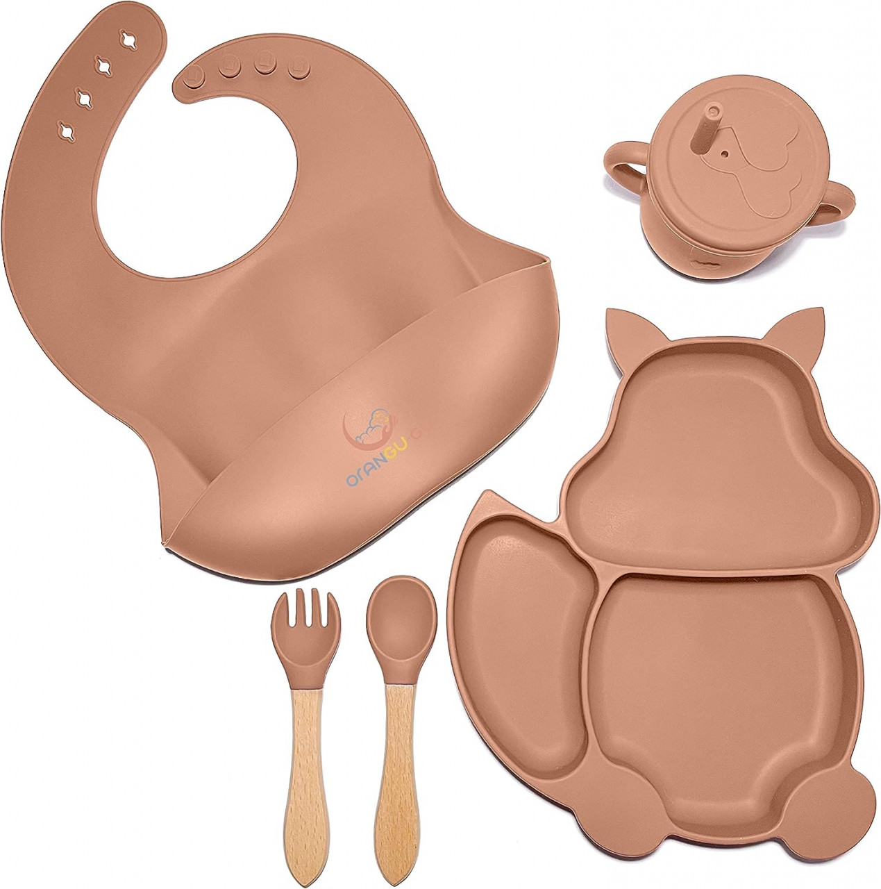 Set de vesela pentru bebelus Orangu-gu, silicon/lemn, maro, 5 piese