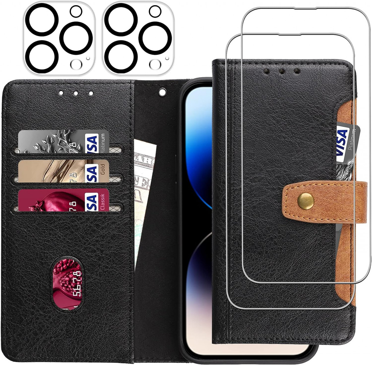 Set husa flip, 2 folii pentru camera si 2 folii pentru ecran compatibile cu iPhone 14 PRO Gimane, piele PU/sticla securizata, negru/maro/transparent,