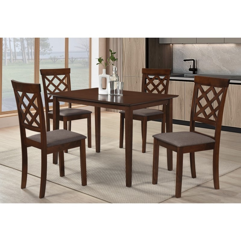 Set masa dining si bucatarie Drimus Bali, MDF, 112x72x74 cm si 4 scaune Vienna, lemn masiv, stofa, nuc
