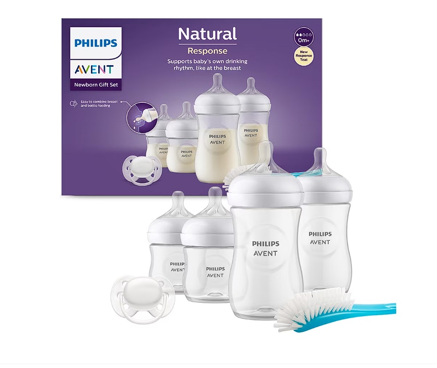 Set nou-nascut Philips Avent Natural Response SCD838/11, tetina care functioneaza ca sanul mamei, tetina fara scurgeri, 4 biberoane, suzeta