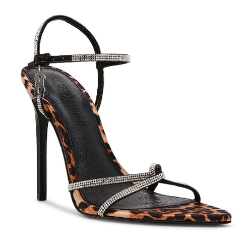 Steve Madden, Sandale stiletto cu strasuri si model animal print, Maro inchis, Maro deschis, Argintiu, 36, Resigilat, Grad B