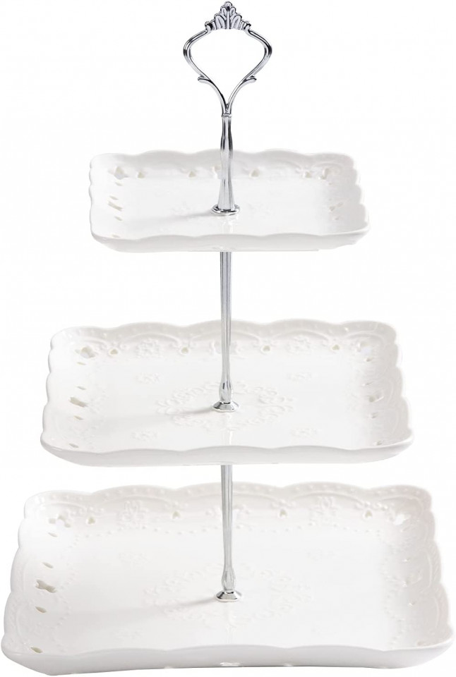 Suport cu 3 nivele pentru prajituri VIVILINEN, ceramica/metal, alb/argintiu, 25 x 25 x 37 cm alb/argintiu imagine 2022