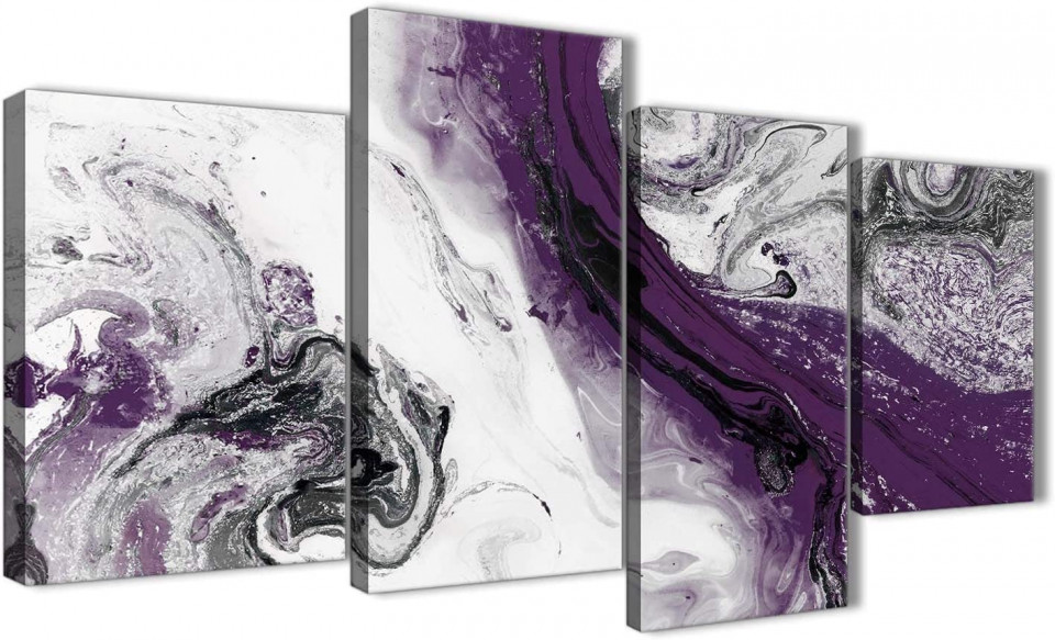 Tablou abstract, 4 piese, panza/lemn, violet/alb/gri, 130 x 67,5 cm