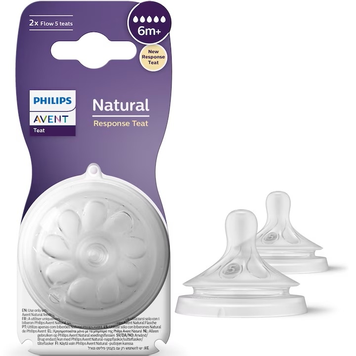 Tetina Philips Avent Natural Response SCY965/02, +6 luni, tetina care functioneaza ca sanul mamei, tetina fara scurgeri, debit 5, fara BPA, 2 bucati,