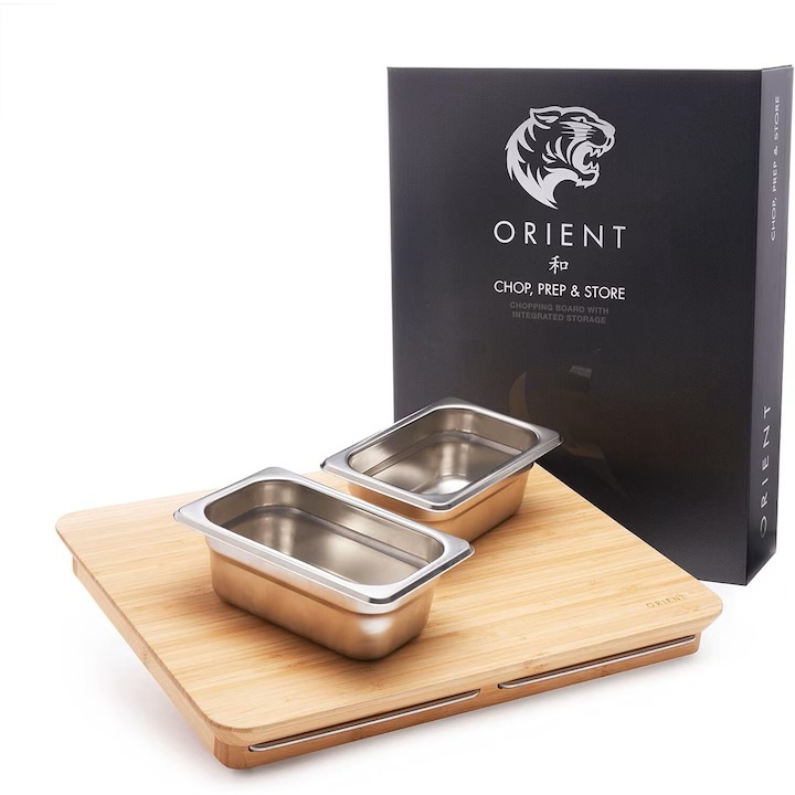 Tocator din Lemn Natural de Bambus, Orient, 2 Recipiente de Detasabile din Otel Inoxidabil, 38.5 x 30 cm, Resigilat, Grad A