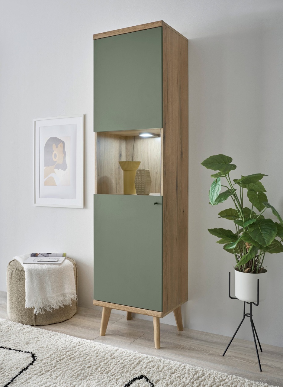 Vitrina MAVAS – 50x40x197 cm, PAL Melaminat, 2 Rafturi, Ușă din Sticlă, Picioare Lemn Masiv