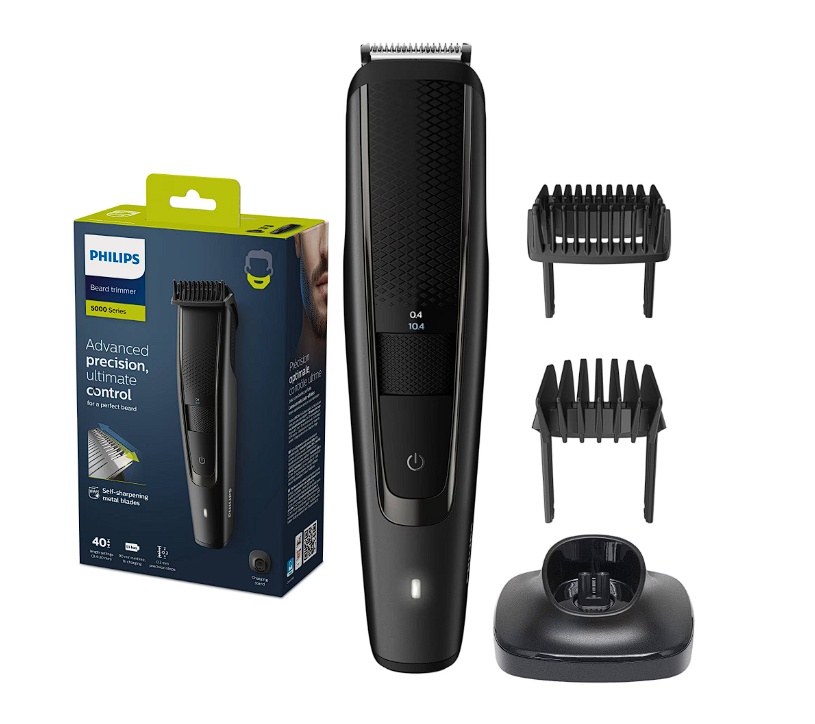 Aparat de tuns barba PHILIPS BT5515/20, Lame din otel inoxidabil 0.4-20mm, utilizare cu si fara fir, 90 min, 2 piepteni, suport de incarcare, Negru,
