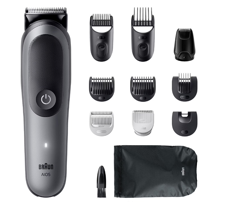 Aparat de tuns multifunctional Braun All-in-One Seria 5 AIO5560, 11-in-1, Lama ultra ascutita, 7 Piepteni, 1 Mini Cap de ras, 1 Cap tuns SkinGuard, 1