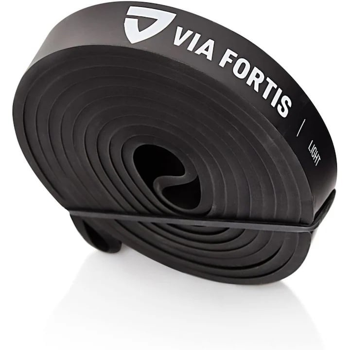 Banda elastica lunga VIA FORTIS, Ultra Light, de rezistenta, premium, ghid de exerciti, geanta depozitare, pentru fitness, antrenament, Negru, 7-24