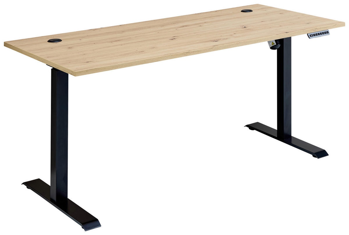 Birou cu reglaj electric, negru, stejar artizanal, 160/77/72 cm