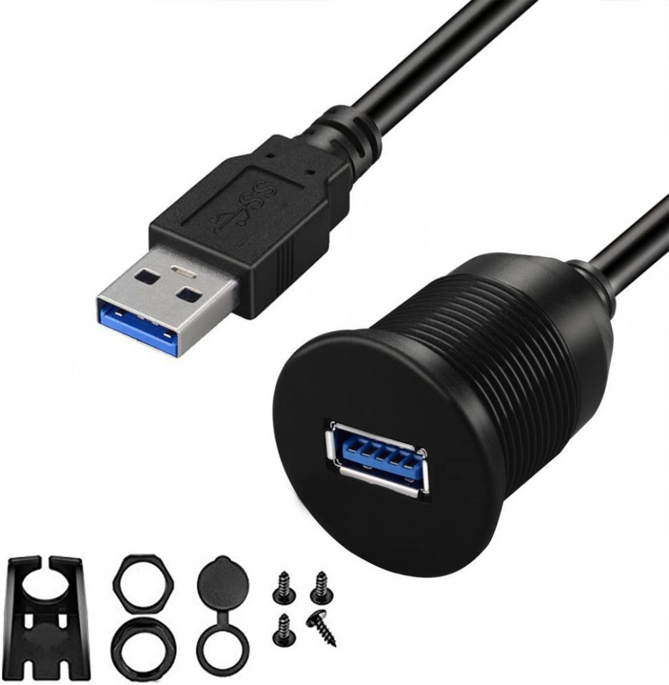 Cablu Dual USB 3.0 pentru plansa de bord auto IHRKleid, mufa USB Type-A, priza USB Type-A, negru, 1 m 3.0
