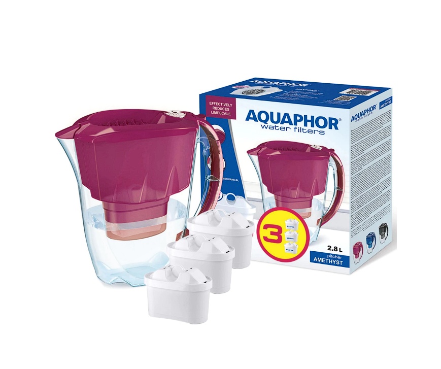 Cana filtranta Aquaphor Amethyst cu 3 filtre, rosu, Resigilat, Grad B